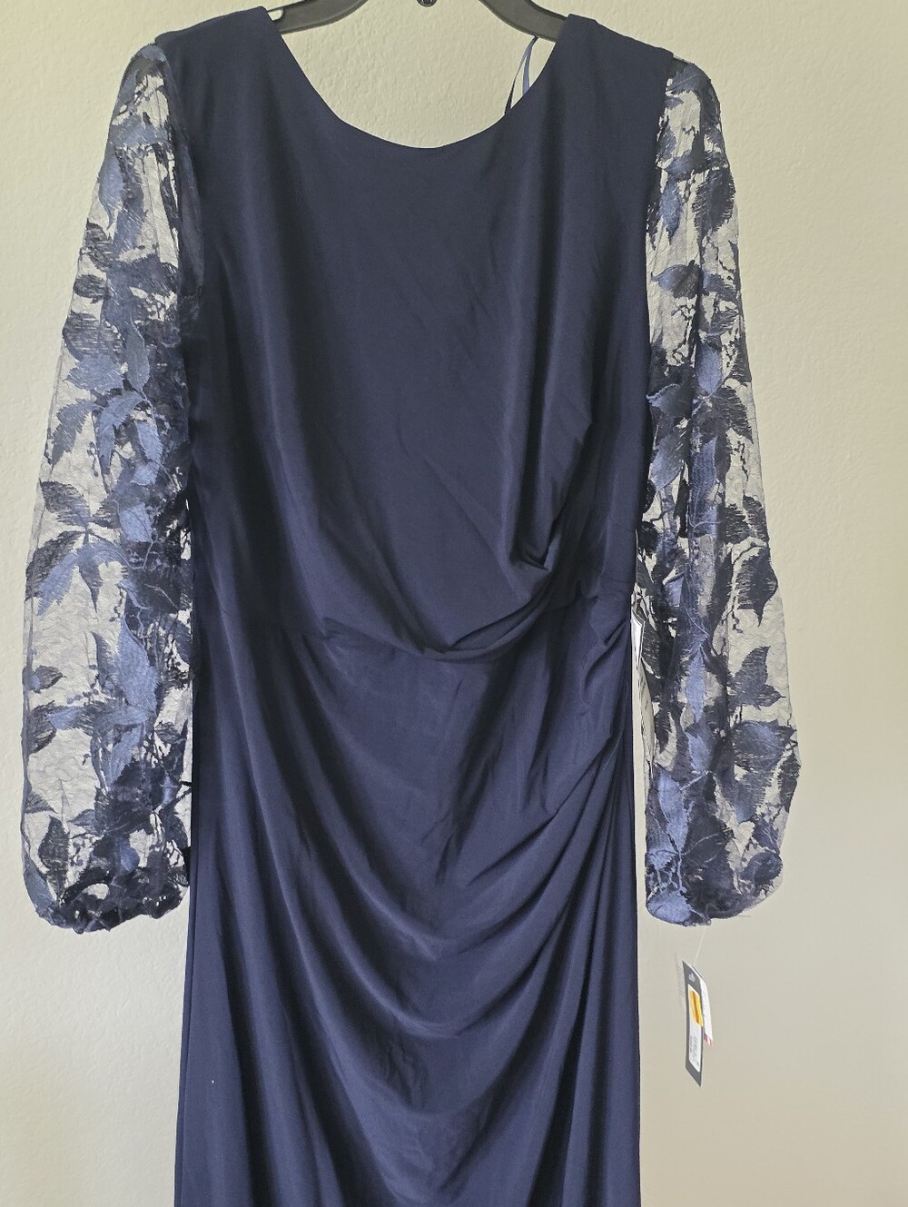 Betsy & Adam NWT 14W Navy Blue Lace Sleeve Ruched Formal Gown $259 Party - Picture 4 of 12